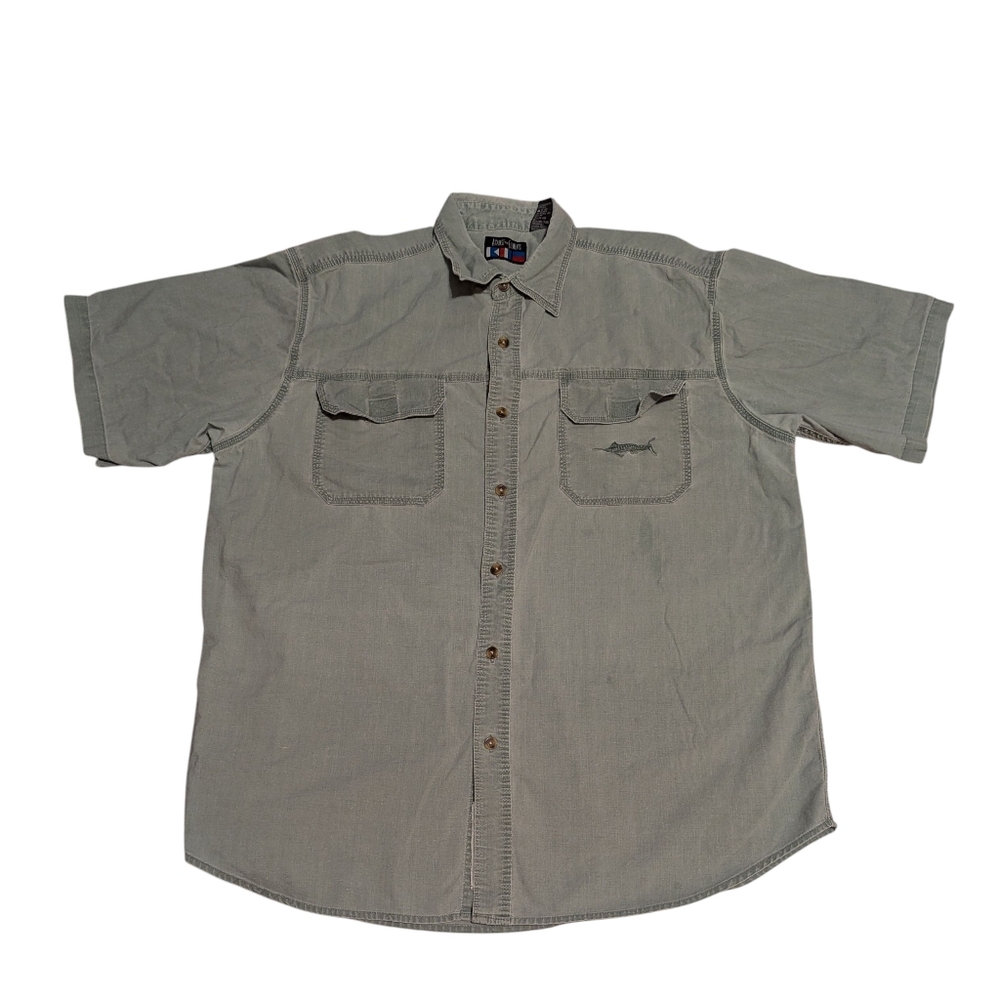 Against The Elements Men's Shirt Button Up Green Heathered Fish Shark Pockets XL